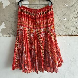 CB Boho Red Pleated Festival Midi Skirt Global Print Cotton Y2K Revival Size L